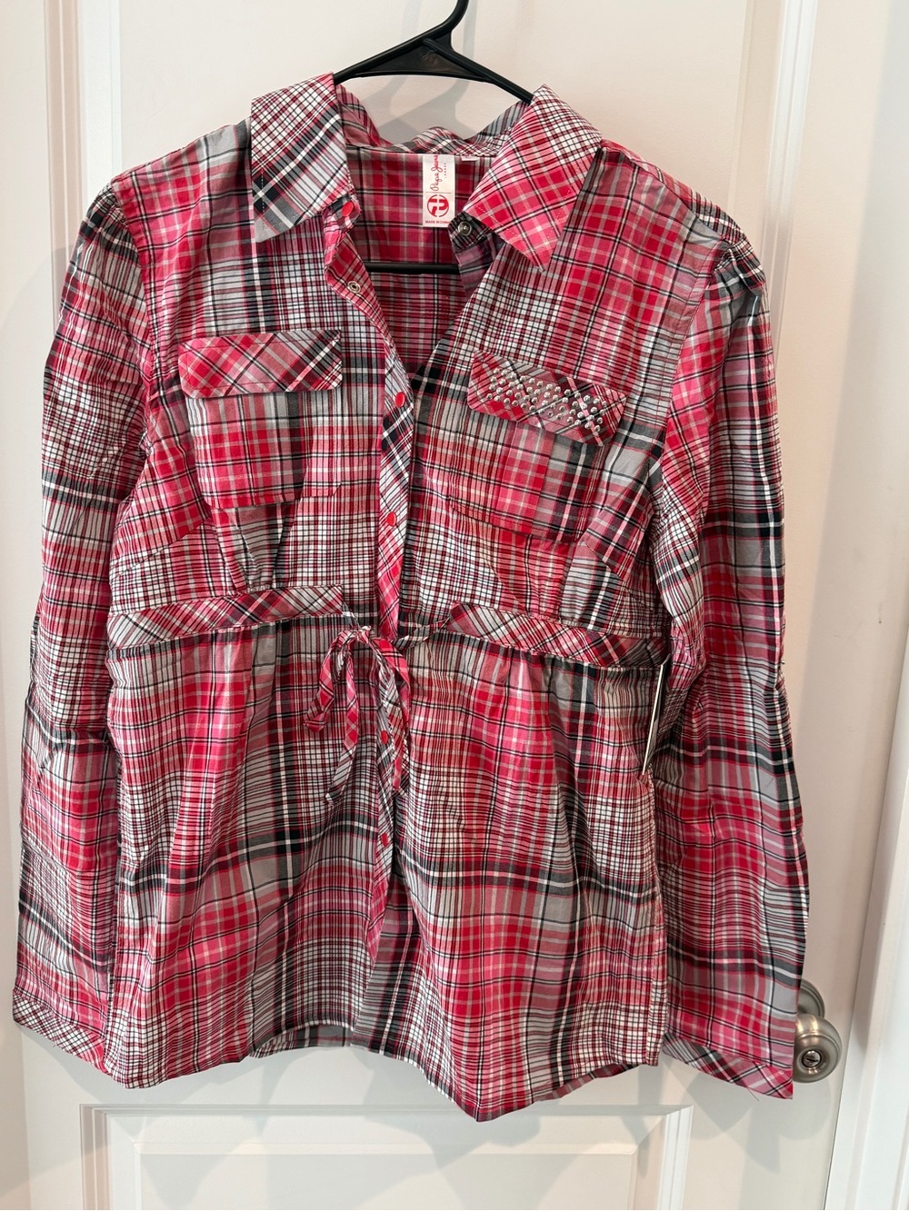 NWT Pepe Jeans Plaid Button-Down Shirt with Drawstring Size Large